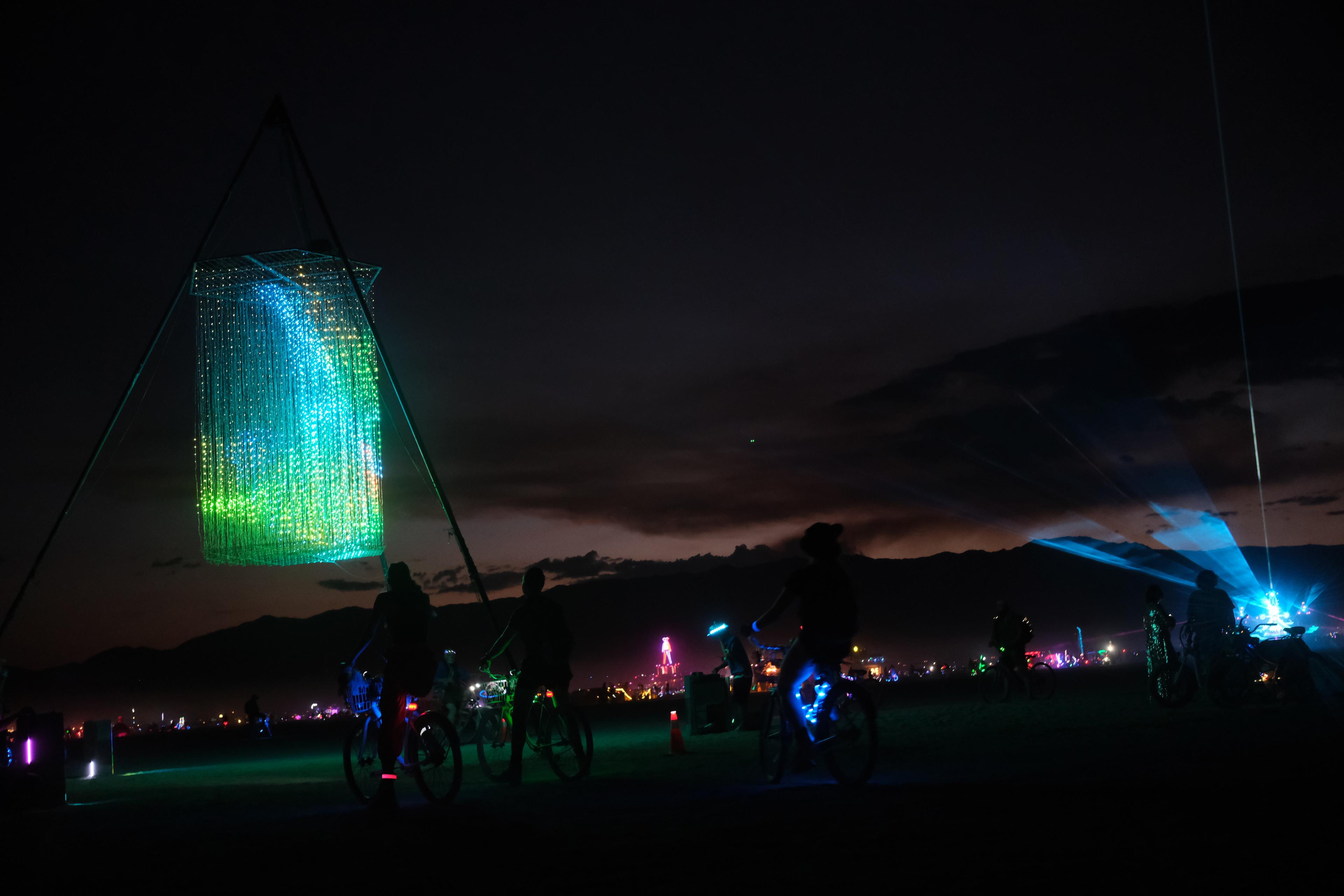 Voxelite on playa at night